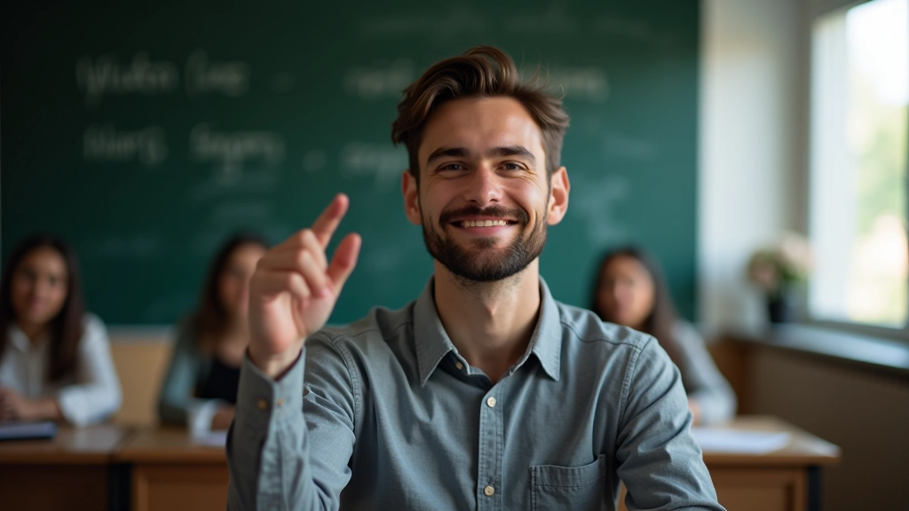 Adult student in classroom taking notes during a language lesson with instructor and other students visible
