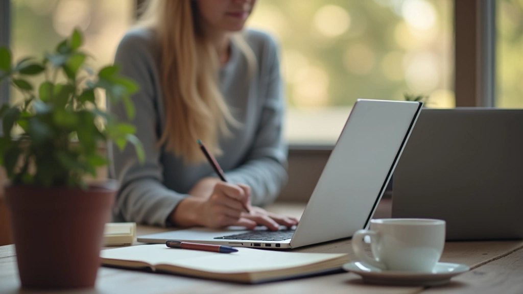 Adult working on language learning on laptop at home, comfortable workspace with notebook, morning light through window, focused study