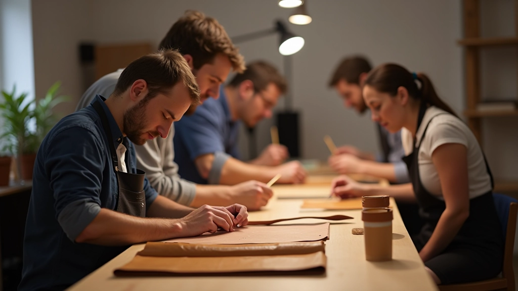Group of adult workshop participants working side by side at individual workstations with leather projects in progress