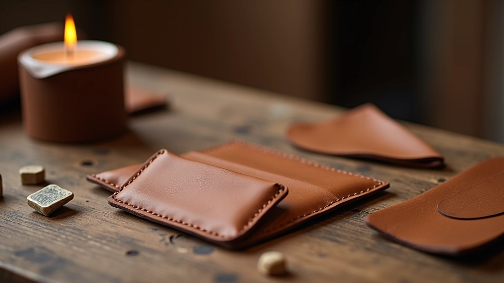 Beginner leather crafting project displaying a finished cardholder and small pouch on a wooden workbench