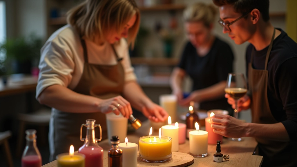 Candle making workshop with melted wax and supplies