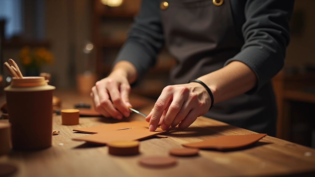 Close-up of adult hands working on leather crafting project with tools and materials on work surface