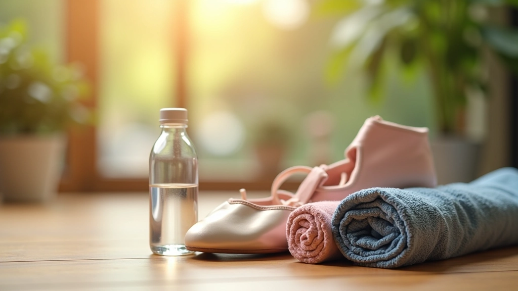 Laid out items showing what to bring to dance class including water bottle, comfortable clothing, and dance shoes