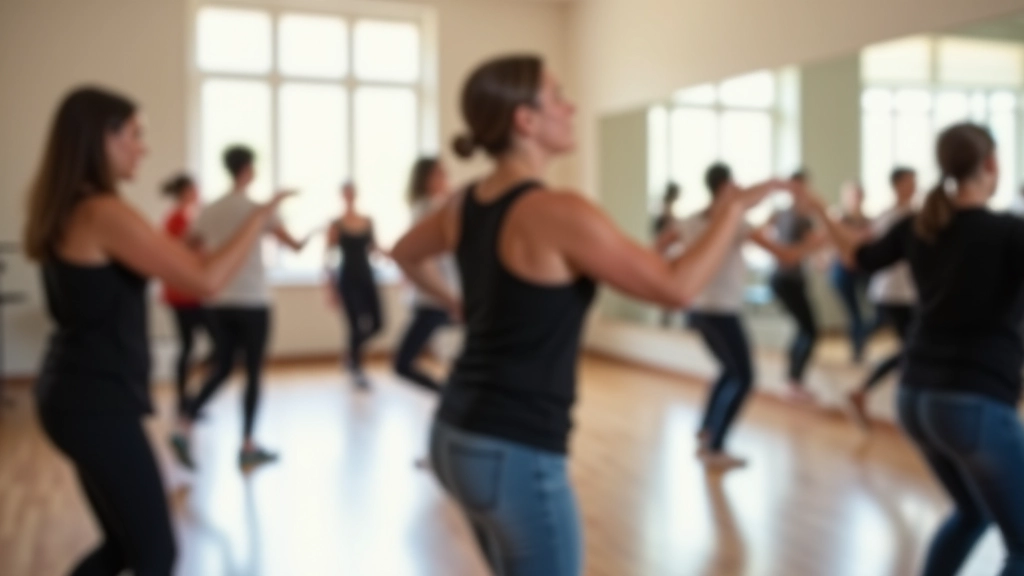 Adult dance class in motion with instructor demonstrating moves to a group of participants in a bright studio