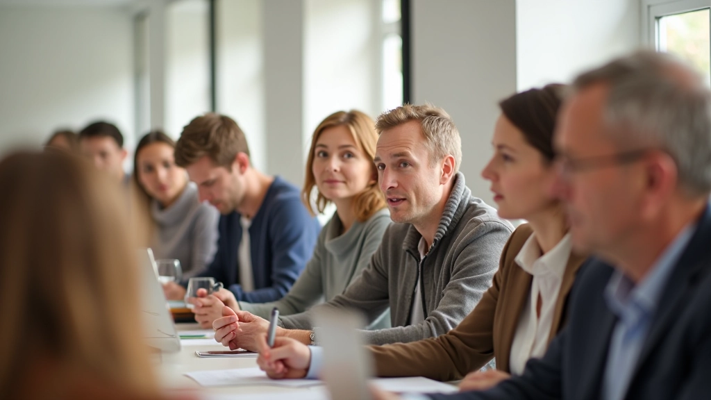 Group of diverse adult students in a bright classroom setting, engaged in conversation practice, warm natural lighting