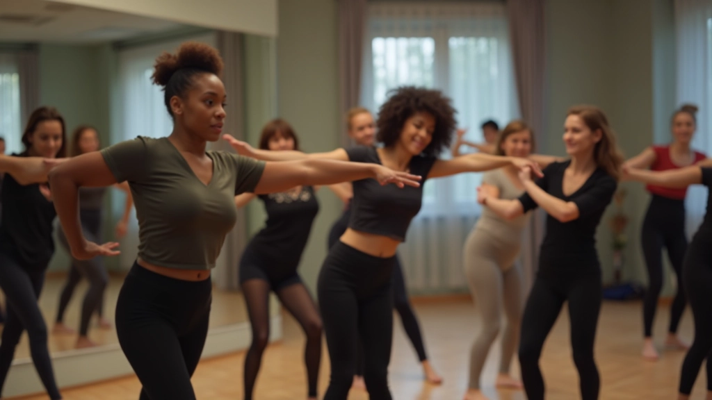 Adult dance class beginners moving together in studio