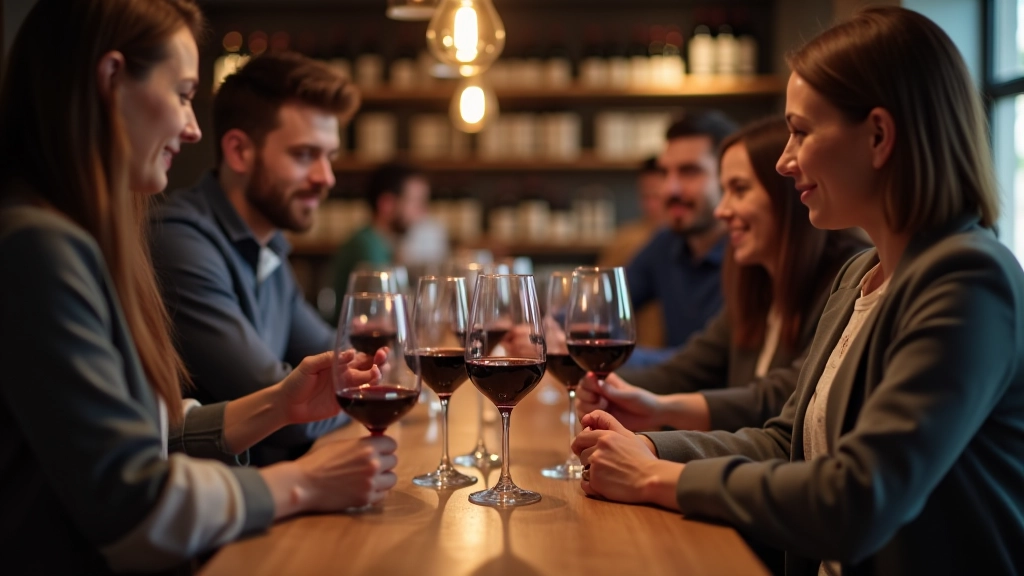 Group of adults in casual attire at a wine tasting event in an elegant wine bar setting