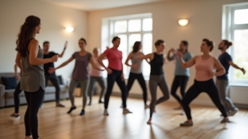 Adults in a beginner dance class learning basic steps from an instructor in a bright studio with wooden floors