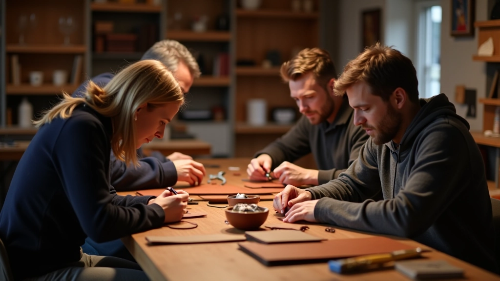 Leather crafting workshop with materials and finished pieces