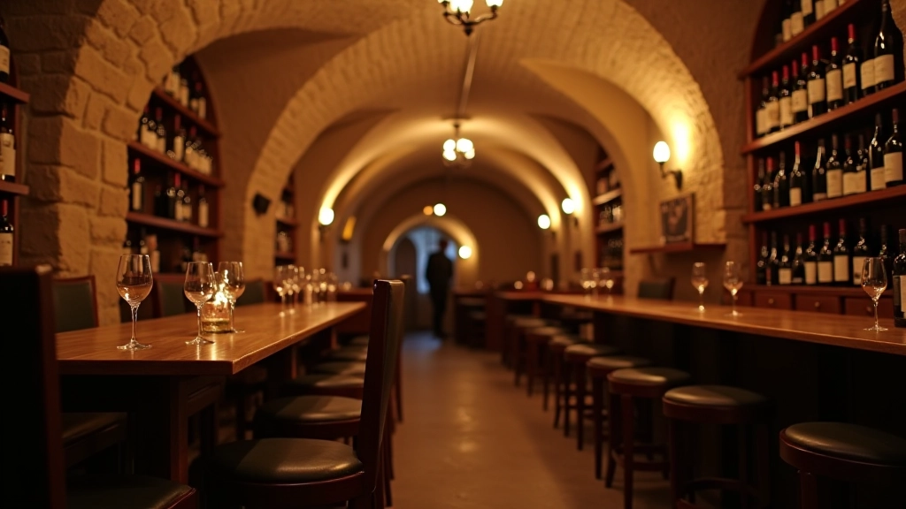 Interior of cozy wine cellar bar with stone walls, wooden bar counter, and wine bottles displayed on shelves with warm lighting