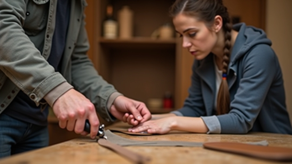Workshop instructor demonstrating leather cutting technique with specialized tools to a student leaning in attentively