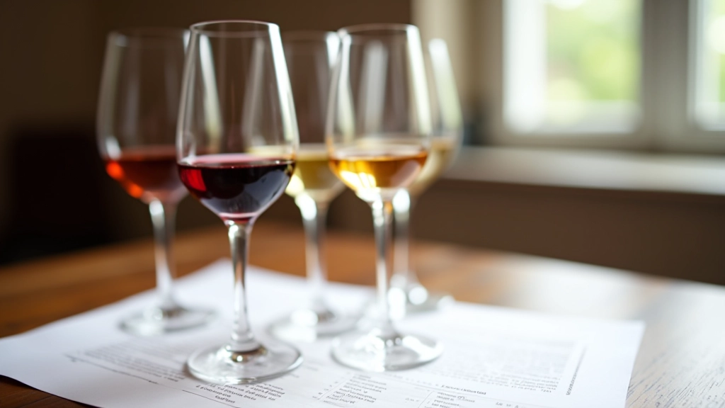 Close-up of wine glasses filled with different red and white wines on a tasting table with tasting notes cards